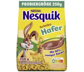 Eine Packung NESQUIK Schoko-Hafer: Kakaohaltiges Getränkepulver mit Hafer